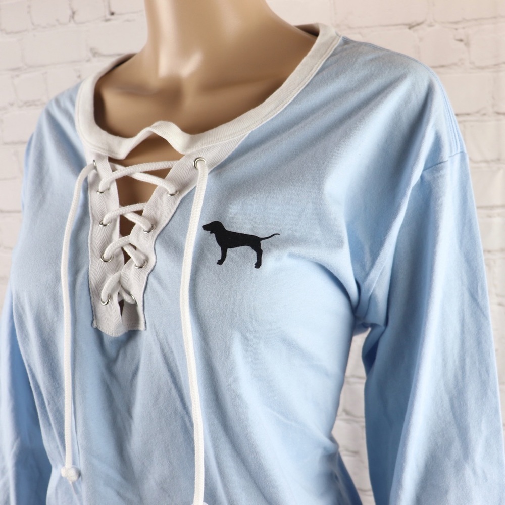 VS PINK Logo Long Sleeve lace up Campus Tee Shirt - Picture 4 of 7